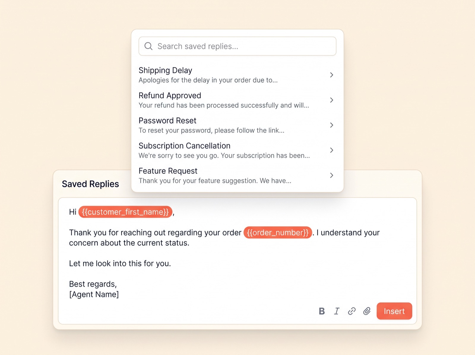 A saved-replies dropdown panel in Threadline's compose box, showing snippet titles and merge-field tokens like customer first name.
