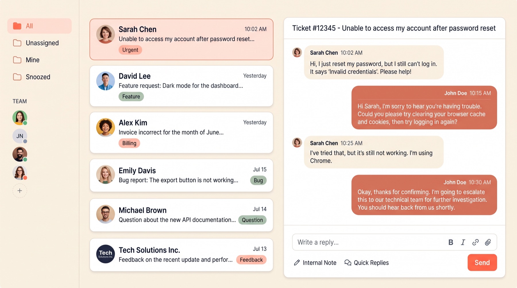 Threadline's shared inbox screen, showing a list of support tickets on the left and an open conversation thread on the right.